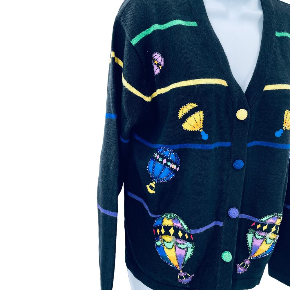 Vintage Terazzo Black Embroidered Colorful Sequin Hot Air Balloons Cardigan M - Picture 6 of 13